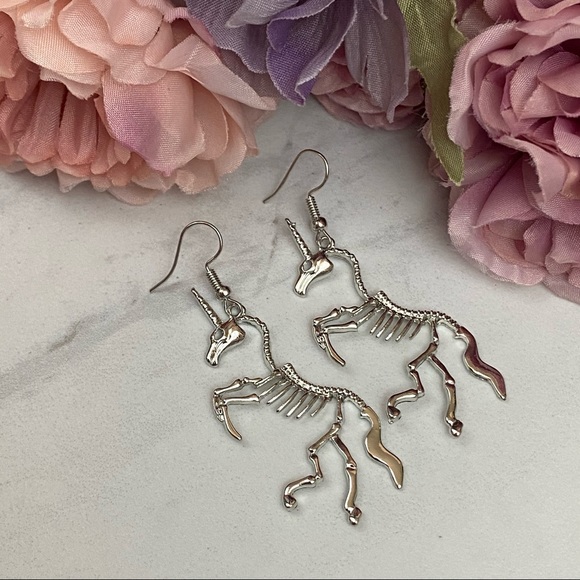 Gothic Silver Unicorn Skeleton Dangle Earrings - Picture 12 of 16